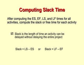 Computing Slack Time After computing the ES, EF, LS, and LF times for all activities, compute the slack or free time for each activity Slack is the length of time an activity can be delayed without delaying the entire project Slack = LS  –  ES  or  Slack = LF  –  EF 