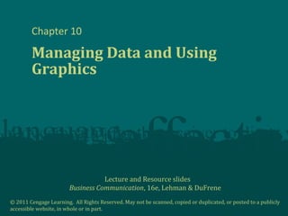 Lecture and Resource slides
Business Communication, 16e, Lehman & DuFrene
© 2011 Cengage Learning. All Rights Reserved. May not be scanned, copied or duplicated, or posted to a publicly
accessible website, in whole or in part.
Chapter 10
Managing Data and Using
Graphics
 