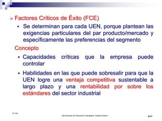 ©_mta
Herramientas de Planeación Estratégica. Análisis Externo
 Factores Críticos de Éxito (FCE)
 Se determinan para cada UEN, porque plantean las
exigencias particulares del par producto/mercado y
específicamente las preferencias del segmento
Concepto
 Capacidades críticas que la empresa puede
controlar
 Habilidades en las que puede sobresalir para que la
UEN logre una ventaja competitiva sustentable a
largo plazo y una rentabilidad por sobre los
estándares del sector industrial
5/17
 