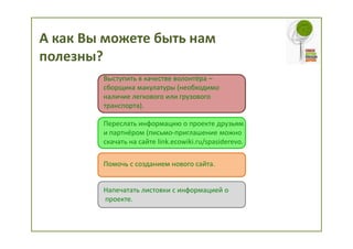 А как Вы можете быть нам
полезны?
        Выступить в качестве волонтёра –
        сборщика макулатуры (необходимо
        наличие легкового или грузового
        транспорта).

        Переслать информацию о проекте друзьям
        и партнёром (письмо-приглашение можно
        скачать на сайте link.ecowiki.ru/spasiderevo.

        Помочь с созданием нового сайта.


        Напечатать листовки с информацией о
        проекте.
 