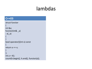 std::bind
C++11
//Practical usage
linear_congruential_engine<uint64_t, 1103545, 123, 21478> generator(1127590);
uniform_in...
