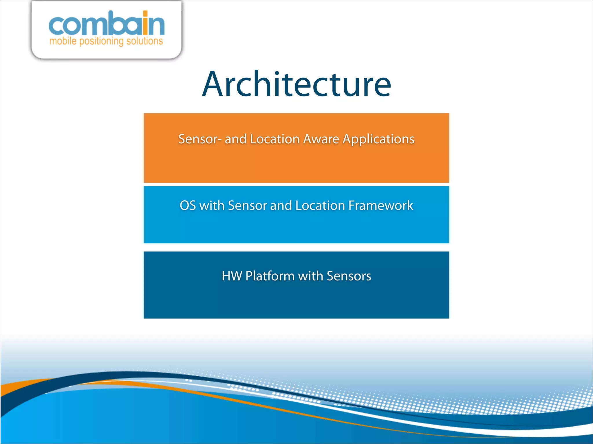 Architecture
Sensor- and Location Aware Applications



OS with Sensor and Location Framework




       HW Platform with Sensors
 