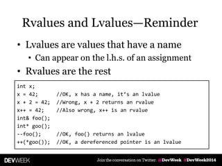• Lvalues are values that have a name
• Can appear on the l.h.s. of an assignment
• Rvalues are the rest
int x;
x = 42; //OK, x has a name, it’s an lvalue
x + 2 = 42; //Wrong, x + 2 returns an rvalue
x++ = 42; //Also wrong, x++ is an rvalue
int& foo();
int* goo();
--foo(); //OK, foo() returns an lvalue
++(*goo()); //OK, a dereferenced pointer is an lvalue
Rvalues and Lvalues—Reminder
 