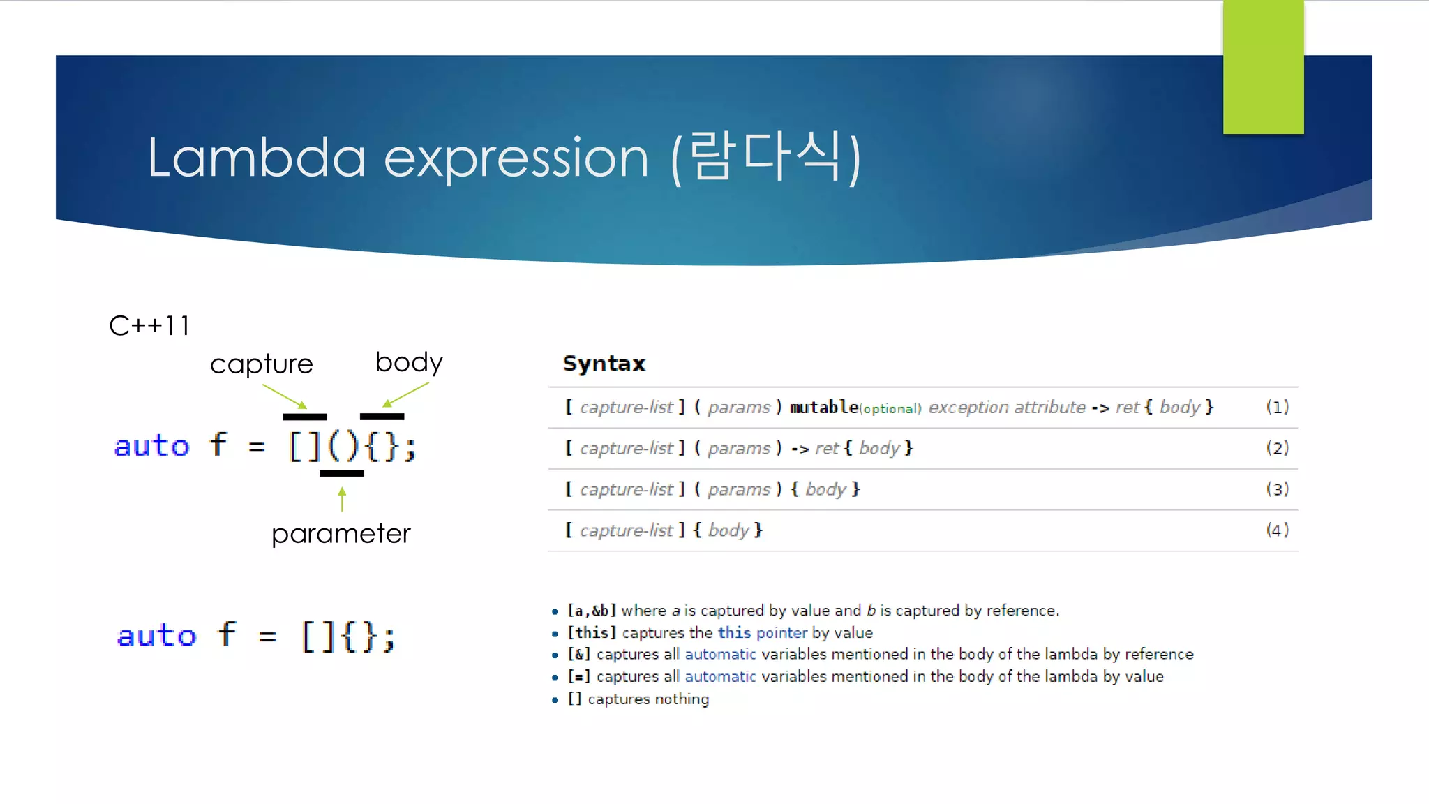 Lambda expression (람다식)
C++11
capture
parameter
body