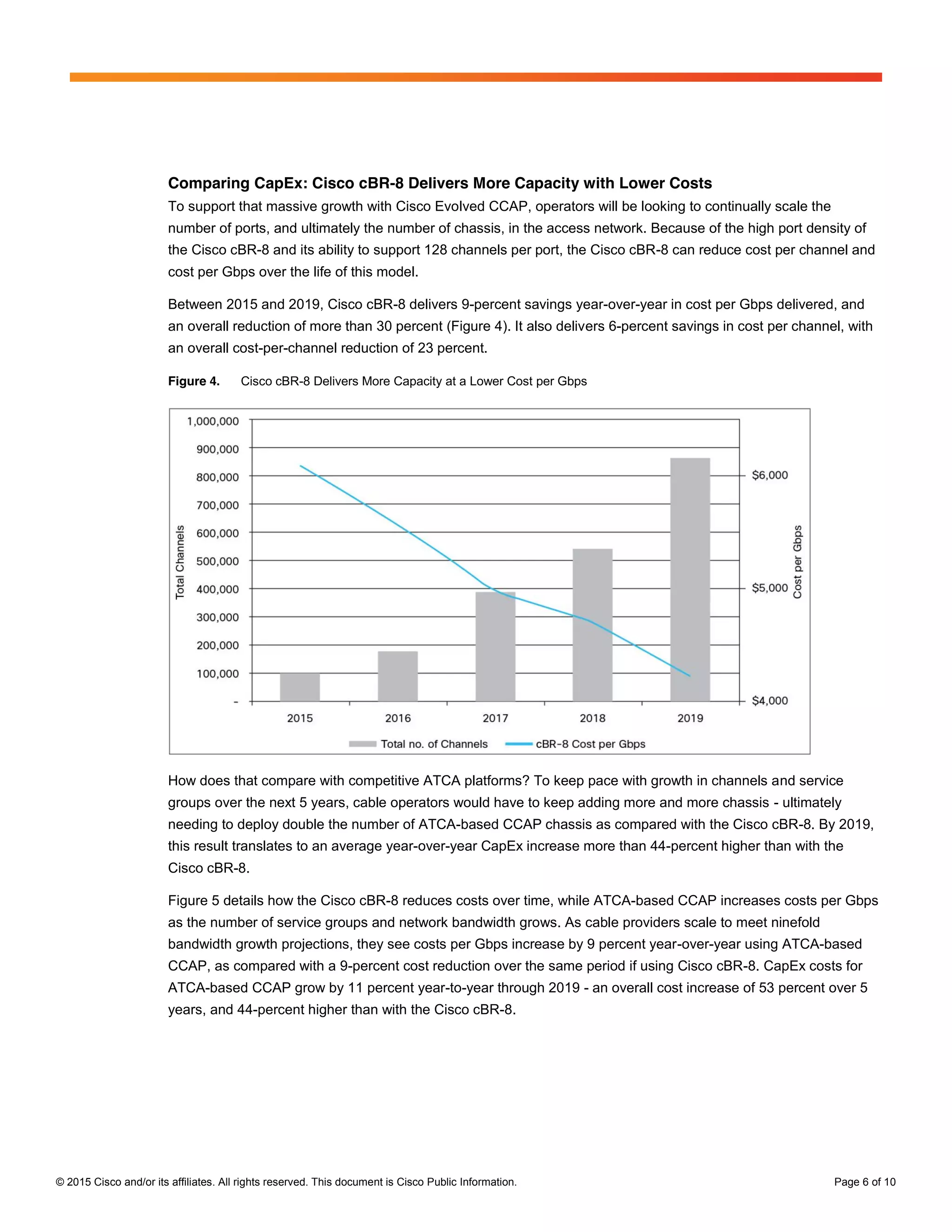 © 2015 Cisco and/or its affiliates. All rights reserved. This document is Cisco Public Information. Page 6 of 10
Comparing CapEx: Cisco cBR-8 Delivers More Capacity with Lower Costs
To support that massive growth with Cisco Evolved CCAP, operators will be looking to continually scale the
number of ports, and ultimately the number of chassis, in the access network. Because of the high port density of
the Cisco cBR-8 and its ability to support 128 channels per port, the Cisco cBR-8 can reduce cost per channel and
cost per Gbps over the life of this model.
Between 2015 and 2019, Cisco cBR-8 delivers 9-percent savings year-over-year in cost per Gbps delivered, and
an overall reduction of more than 30 percent (Figure 4). It also delivers 6-percent savings in cost per channel, with
an overall cost-per-channel reduction of 23 percent.
Figure 4. Cisco cBR-8 Delivers More Capacity at a Lower Cost per Gbps
How does that compare with competitive ATCA platforms? To keep pace with growth in channels and service
groups over the next 5 years, cable operators would have to keep adding more and more chassis - ultimately
needing to deploy double the number of ATCA-based CCAP chassis as compared with the Cisco cBR-8. By 2019,
this result translates to an average year-over-year CapEx increase more than 44-percent higher than with the
Cisco cBR-8.
Figure 5 details how the Cisco cBR-8 reduces costs over time, while ATCA-based CCAP increases costs per Gbps
as the number of service groups and network bandwidth grows. As cable providers scale to meet ninefold
bandwidth growth projections, they see costs per Gbps increase by 9 percent year-over-year using ATCA-based
CCAP, as compared with a 9-percent cost reduction over the same period if using Cisco cBR-8. CapEx costs for
ATCA-based CCAP grow by 11 percent year-to-year through 2019 - an overall cost increase of 53 percent over 5
years, and 44-percent higher than with the Cisco cBR-8.
cBR-8
 