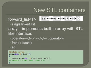 forward_list<T> 
• single linked list 
array – implements built-in array with STL-like 
interface: 
• operator==,!=,<,<=,>,>= , operator= 
• front(), back() 
• at 
#include <array> 
array<int, 3> GetArr() 
{ 
return array<int, 3>{ 0x5, 0xFF, 0x32 }; 
// return { { 0x5, 0xFF, 0x32 } }; 
} 
 