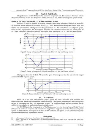 Automatic Load Frequency Control Of Two Area Power System Using Proportional Integral Derivative..
DOI: 10.9790/1676-1102011317 www.iosrjournals.org 16 | Page
III. Analysis And Results
The performance of IMC-PID controller are shown in figures 6 to 8. The responses shown are in form
of dynamic responses of each area frequencies and the power of tie line, for the two area power system model.
Results of IMC-PID Controller for LFC of Two Area Power System
Figures 6, 7, and 8 are showing the dynamic responses of deviation in frequency for both the areas ( f1,
f2 ) and the power deviation in tie line ( tie( ) for a power system having two control areas with
thermal non-reheat turbines. The figures show the performances of a PID controller for LFC of power system,
tuned via IMC. Figures shows that the responses are stable with very less overshoot and less settling time. So
PID - IMC controller is a powerful controller which gives better stability for LFC of a two area power system.
Figure 6: change in frequency V/S time in area-1 for 0.01 step load change in area-1
Figure 7: change in frequency V/S time in area-2 for 0.01 step load change in area-1
The figures show that the IMC-PID controller gives better response than the conventional integral
controller for LFC of power system.
Figure 8: change in tie line power V/S time for 0.01 step load change in area-1
IV. Conclusions
Model of a two area interconnected power system has been developed with different area
characteristics for optimal and conventional control strategies. The control equations have successfully been
derived in continuous time for a two area power system. The model developed has been examined for the
stability before and after the application of state feedback control.
An IMC-PID controller is designed for LFC of the proposed power system via Internal Model Control
(IMC) and its results are compared with conventional integral Load Frequency Controller for a two area power
system. So PID controller is designed on the basis of IMC controller and applied for LFC of a two area power
system and well stabilized responses are obtained.
References
[1] S. Sivanagaraju, G. Sreenivasan. Power System Operation and Control, 2008.
[2] Jawat, T. and Fadel, A, B. ―Adaptive Fuzzy Gain Scheduling for load frequency control‖ IEEE Trans. On PAS, vol,14, No1
February1999.
 
