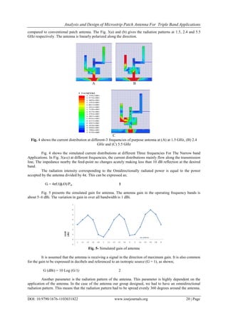 Analysis and Design of Microstrip Patch Antenna For Triple Band Applications
DOI: 10.9790/1676-1103031822 www.iosrjournals.org 20 | Page
compared to conventional patch antenna. The Fig. 3(a) and (b) gives the radiation patterns at 1.5, 2.4 and 5.5
GHz respectively. The antenna is linearly polarized along the direction.
A B
C
Fig. 4 shows the current distribution at different-3 frequencies of purpose antenna at (A) at 1.5 GHz, (B) 2.4
GHz and (C) 5.5 GHz
Fig. 4 shows the simulated current distributions at different Three frequencies For The Narrow band
Applications. In Fig. 3(a-c) at different frequencies, the current distributions mainly flow along the transmission
line, The impedance nearby the feed-point no changes acutely making less than 10 dB reflection at the desired
band.
The radiation intensity corresponding to the Omidirectionally radiated power is equal to the power
accepted by the antenna divided by 4π. This can be expressed as;
G = 4πU(ɸ,Ө)/Pin 1
Fig. 5 presents the simulated gain for antenna. The antenna gain in the operating frequency bands is
about 5–6 dBi. The variation in gain in over all bandwidth is 1 dBi.
Fig. 5- Simulated gain of antenna
It is assumed that the antenna is receiving a signal in the direction of maximum gain. It is also common
for the gain to be expressed in decibels and referenced to an isotropic source (G = 1), as shown;
G (dBi) = 10 Log (G/1) 2
Another parameter is the radiation pattern of the antenna. This parameter is highly dependent on the
application of the antenna. In the case of the antenna our group designed, we had to have an omnidirectional
radiation pattern. This means that the radiation pattern had to be spread evenly 360 degrees around the antenna.
 