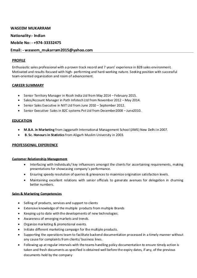 cv for sales and marketing
