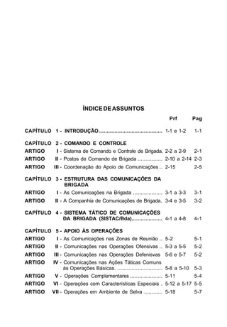 ÍNDICE DE ASSUNTOS 
Prf Pag 
CAPÍTULO 1 - INTRODUÇÃO......................................... 1-1 e 1-2 1-1 
CAPÍTULO 2 - COMANDO E CONTROLE 
ARTIGO I - Sistema de Comando e Controle de Brigada. 2-2 a 2-9 2-1 
ARTIGO II - Postos de Comando de Brigada ................ 2-10 a 2-14 2-3 
ARTIGO III - Coordenação do Apoio de Comunicações .. 2-15 2-5 
CAPÍTULO 3 - ESTRUTURA DAS COMUNICAÇÕES DA 
BRIGADA 
ARTIGO I - As Comunicações na Brigada ................... 3-1 a 3-3 3-1 
ARTIGO II - A Companhia de Comunicações de Brigada. 3-4 e 3-5 3-2 
CAPÍTULO 4 - SISTEMA TÁTICO DE COMUNICAÇÕES 
DA BRIGADA (SISTAC/Bda).................... 4-1 a 4-8 4-1 
CAPÍTULO 5 - APOIO ÀS OPERAÇÕES 
ARTIGO I - As Comunicações nas Zonas de Reunião .. 5-2 5-1 
ARTIGO II - Comunicações nas Operações Ofensivas .. 5-3 a 5-5 5-2 
ARTIGO III - Comunicações nas Operações Defenisvas 5-6 e 5-7 5-2 
ARTIGO IV - Comunicações nas Ações Táticas Comuns 
às Operações Básicas. ............................. 5-8 a 5-10 5-3 
ARTIGO V - Operações Complementares ..................... 5-11 5-4 
ARTIGO VI - Operações com Características Especiais . 5-12 a 5-17 5-5 
ARTIGO VII - Operações em Ambiente de Selva ............ 5-18 5-7 
 