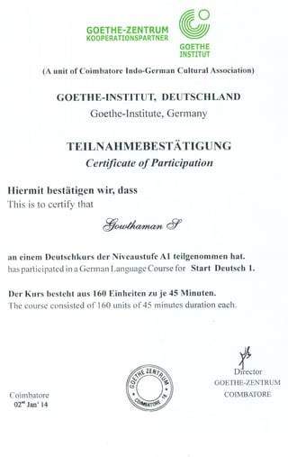 Goethe Institut Level A1 _ Participation_Certificate