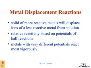 Metal Displacement Reactions 
• solid of more reactive metals will displace 
ions of a less reactive metal from solution 
• relative reactivity based on potentials of 
half reactions 
• metals with very different potentials react 
most vigorously 
Dr. S. M. Condren 
 