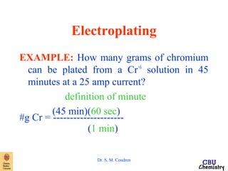 Electroplating 
EXAMPLE: How many grams of chromium 
can be plated from a Cr+6 solution in 45 
minutes at a 25 amp current? 
definition of minute 
#g Cr = (-4--5- -m--i-n--)-(-6-0-- -s-e-c-)-- 
(1 min) 
Dr. S. M. Condren 
 