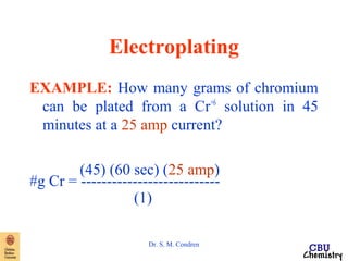 Electroplating 
EXAMPLE: How many grams of chromium 
can be plated from a Cr+6 solution in 45 
minutes at a 25 amp current? 
(45) (60 sec) (25 amp) 
#g Cr = --------------------------- 
(1) 
Dr. S. M. Condren 
 