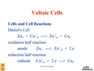 Voltaic Cells 
Cells and Cell Reactions 
Daniel's Cell 
Dr. S. M. Condren 
Zn(s) + Cu+2 
(aq) ---> Zn+2 
(aq) + Cu(s) 
oxidation half reaction 
anode Zn(s) ---> Zn+2 
(aq) + 2 e-reduction 
half reaction 
cathode Cu+2 
(aq) + 2 e- ---> Cu(s) 
 