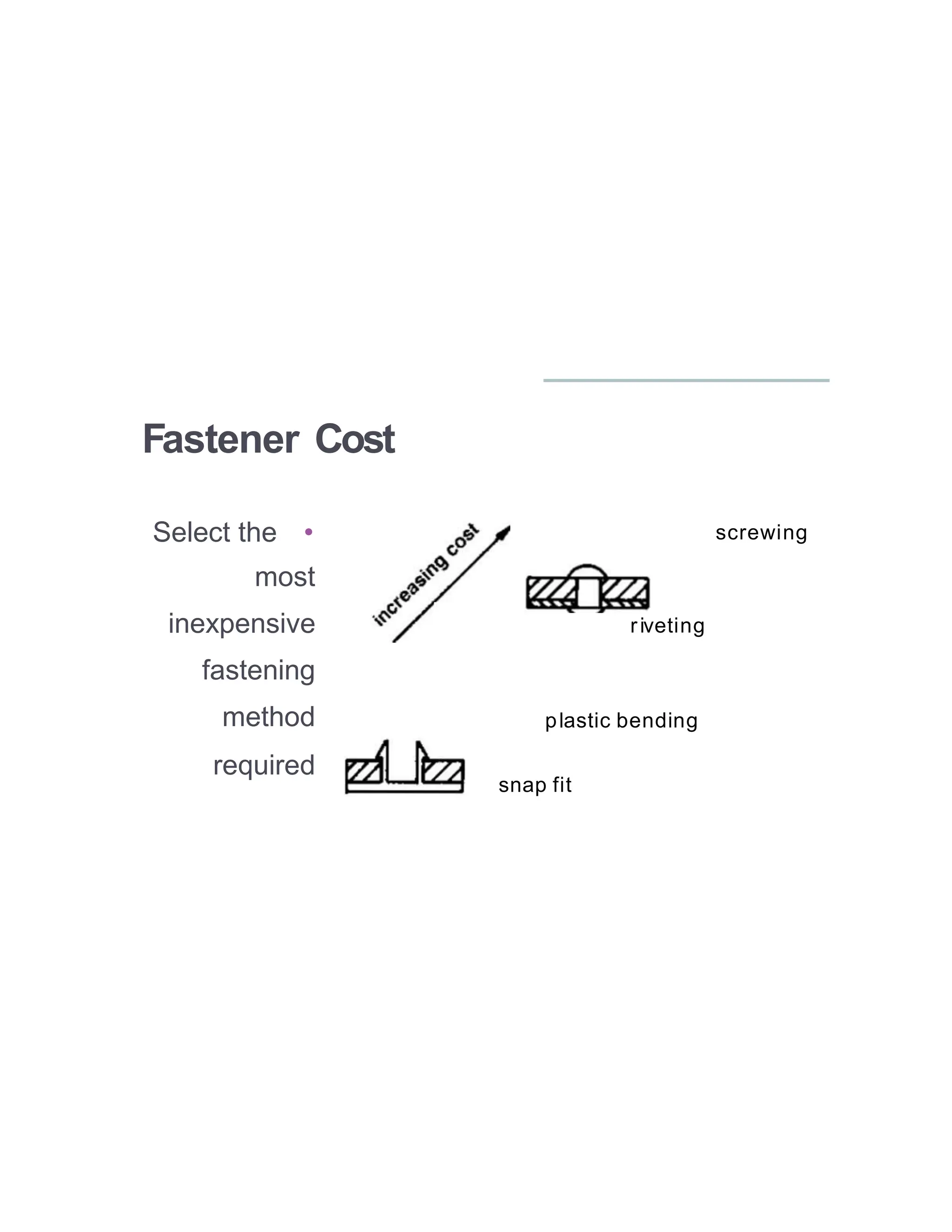 Fastener Cost
Select the •
most
inexpensive
fastening
method
required
screwing
riveting
plastic bending
snap fit
 