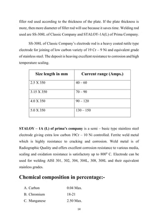 14
filler rod used according to the thickness of the plate. If the plate thickness is
more, then more diameter of filler rod will use because it saves time. Welding rod
used are SS-308L of Classic Company and STALOY-1A(L) of Prima Company.
SS-308L of Classic Company’s electrode rod is a heavy coated rutile type
electrode for joining of low carbon variety of 19 Cr – 9 Ni and equivalent grade
of stainless steel. The deposit is heaving excellent resistance to corrosion and high
temperature scaling.
Size length in mm Current range (Amps.)
2.5 X 350 40 – 60
3.15 X 350 70 – 90
4.0 X 350 90 – 120
5.0 X 350 130 – 150
STALOY – 1A (L) of prima’s company is a semi – basic type stainless steel
electrode giving extra low carbon 19Cr – 10 Ni controlled. Ferrite weld metal
which is highly resistance to cracking and corrosion. Weld metal is of
Radiographic Quality and offers excellent corrosion resistance to various media,
scaling and oxidation resistance is satisfactory up to 8000
C. Electrode can be
used for welding AISI 301, 302, 304, 304L, 308, 308L and their equivalent
stainless grades.
Chemical composition in percentage:-
A. Carbon 0.04 Max.
B. Chromium 18-21
C. Manganese 2.50 Max.
 
