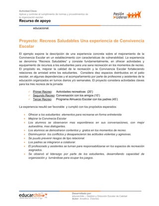 Actividad Clave:
Aplicar y controlar el cumplimiento de normas y procedimientos de
la organización escolar.

Recurso de apoyo
educacional.

Proyecto: Recreos Saludables Una experiencia de Convivencia
Escolar
El ejemplo expone la descripción de una experiencia concreta sobre el mejoramiento de la
Convivencia Escolar en un establecimiento con características de vulnerabilidad. La experiencia
se denomina “Recreos Saludables” y consiste fundamentalmente, en ofrecer actividades y
equipamiento de recursos a los estudiantes para una sana recreación en los momentos de recreo.
El propósito es, mejorar la calidad de la recreación y la Convivencia Escolar fortaleciendo
relaciones de amistad entre los estudiantes. Considera diez espacios distribuidos en el patio
escolar, en algunas dependencias y el acompañamiento por parte de profesores y asistentes de la
educación organizados en turnos diarios y/o semanales. El proyecto considera actividades claves
para los tres recreos de la jornada:
Primer Recreo: Actividades recreativas (20’)
Segundo Recreo: Conversación con los amigos (10’)
 Tercer Recreo:
Programa Almuerzo Escolar con los padres (45’)



La experiencia resultó ser favorable y cumplió con los propósitos esperados:










Ofrecer a los estudiantes elementos para recrearse en forma entretenida
Mejorar la Convinecia Escolar
Los alumnos se observaron mas espontáneos en sus conversaciones, con mejor
autoestima, mas dialogantes.
Los alumnos se demostraron contentos y gratos en los momentos de recreo.
Disminuyeron los conflictos y desaparecieron las actitudes violentas y agresivas.
Se puudo prevenir riesgos de tipo relacional.
Los padres se integraron a colaborar.
El profesorado y asistentes se turnan para responsabilizarse en los espacios de recreación
asignados.
Se observó el liderazgo por parte de los estudiantes, desarrollando capacidad de
organización y turnándose para ocupar los juegos.

Desarrollado por:
educarchile – Gestión y Dirección Escolar de Calidad
Autor: Angélica Zulantay

 