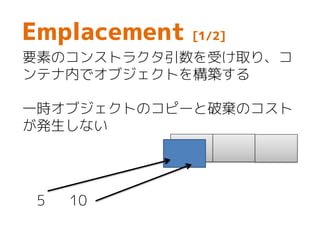 Emplacement [1/2]
要素のコンストラクタ引数を受け取り、コ
ンテナ内でオブジェクトを構築する
一時オブジェクトのコピーと破棄のコスト
が発生しない
5 10
 