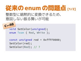 void SetColor(unsigned);
enum Team { Red, White };
const unsigned red = 0xffFF0000;
SetColor(red);
SetColor(Red); // ?
従来の enum の問題点 [1/2]
整数型に暗黙的に変換できるため、
意図しない振る舞いが可能
 