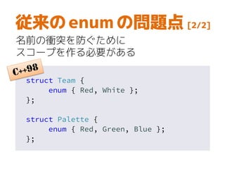struct Team {
enum { Red, White };
};
struct Palette {
enum { Red, Green, Blue };
};
従来の enum の問題点 [2/2]
名前の衝突を防ぐために
スコープを作る必要がある
 