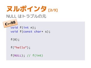 ヌルポインタ [2/3]
NULL はトラブルの元
void f(int n);
void f(const char* s);
f(0);
f("hello");
f(NULL); // f(int)
 