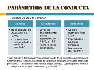 PARÁMETROS DE LA CONDUCTA
 :. DEBER DE DECIR VERDAD:
Texto definitivo del Código Procesal Italiano de 1940, redactado por Carnelutti,
Calamandrei y Redenti, se apartó de la fórmula originaria (Proyecto elaborado
por Solmi, “…exponer al juez hechos según verdad…”); preceptuó la formula
“… comportarse en juicio con lealtad y probidad…”.
 