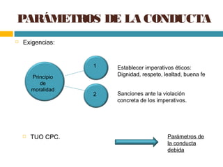 PARÁMETROS DE LA CONDUCTA
 Exigencias:
 TUO CPC.
Principio
de
moralidad
Establecer imperativos éticos:
Dignidad, respeto, lealtad, buena fe
Sanciones ante la violación
concreta de los imperativos.
1
2
Parámetros de
la conducta
debida
 