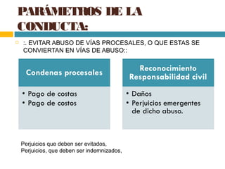 PARÁMETROS DE LA
CONDUCTA:
 :. EVITAR ABUSO DE VÍAS PROCESALES, O QUE ESTAS SE
CONVIERTAN EN VÍAS DE ABUSO::
Perjuicios que deben ser evitados,
Perjuicios, que deben ser indemnizados,
 