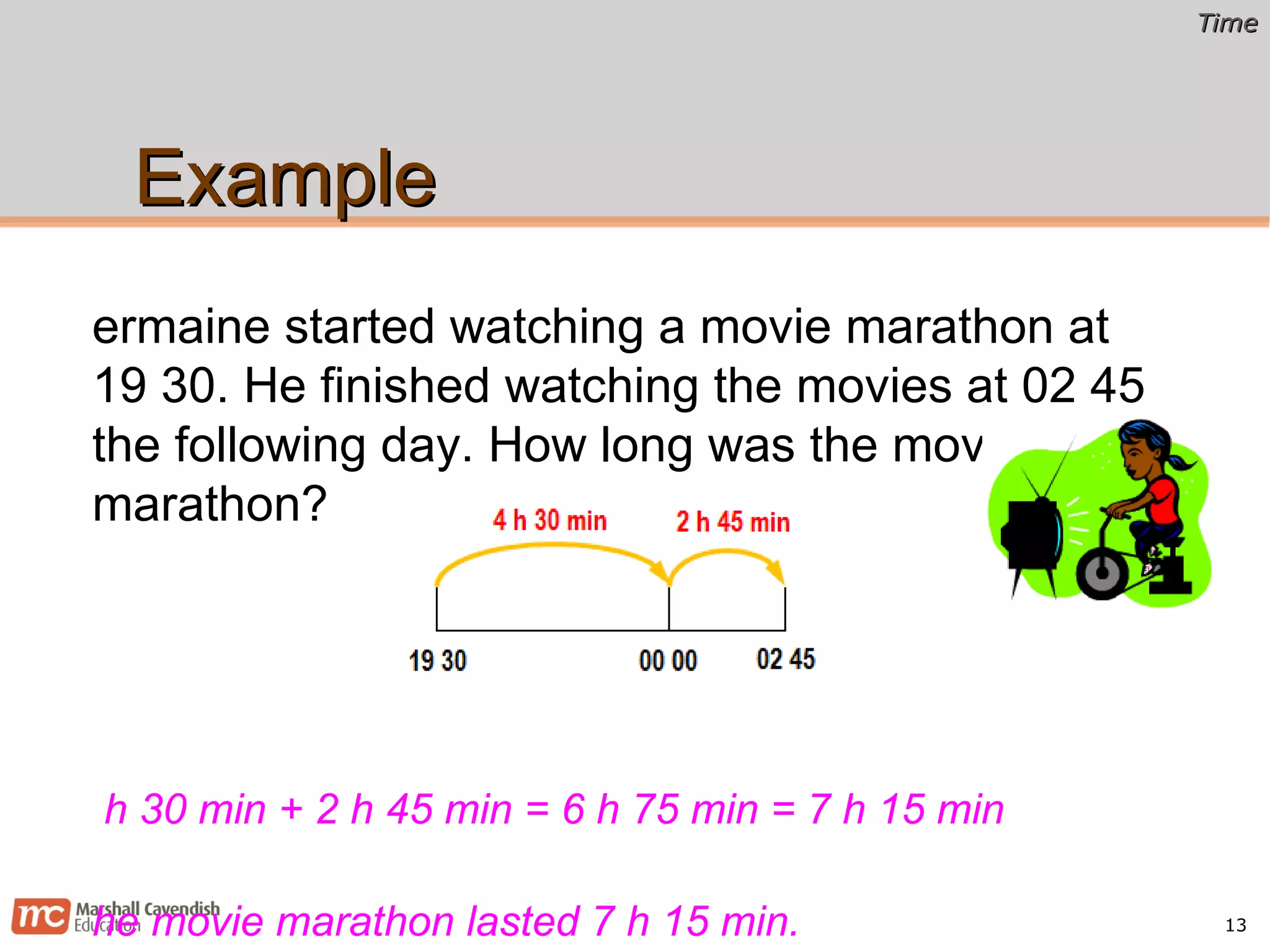 Example Jermaine started watching a movie marathon at 19 30. He finished watching the movies at 02 45 the following day. How long was the movie marathon? 4 h 30 min + 2 h 45 min = 6 h 75 min = 7 h 15 min The movie marathon lasted 7 h 15 min. 