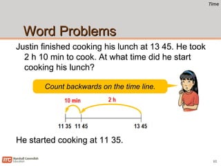 TimeTime
Word ProblemsWord Problems
Justin finished cooking his lunch at 13 45. He took
2 h 10 min to cook. At what time did he start
cooking his lunch?
11
He started cooking at 11 35.
Count backwards on the time line.
 