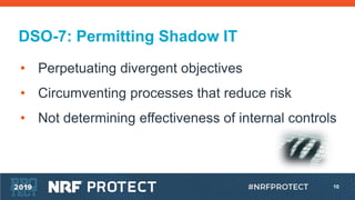 10
DSO-7: Permitting Shadow IT
• Perpetuating divergent objectives
• Circumventing processes that reduce risk
• Not determ...