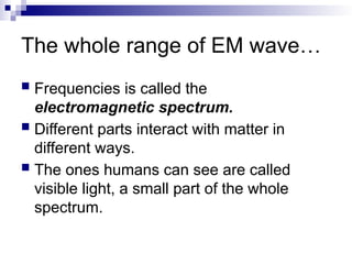 The whole range of EM wave…
 Frequencies is called the
electromagnetic spectrum.
 Different parts interact with matter in
different ways.
 The ones humans can see are called
visible light, a small part of the whole
spectrum.
 