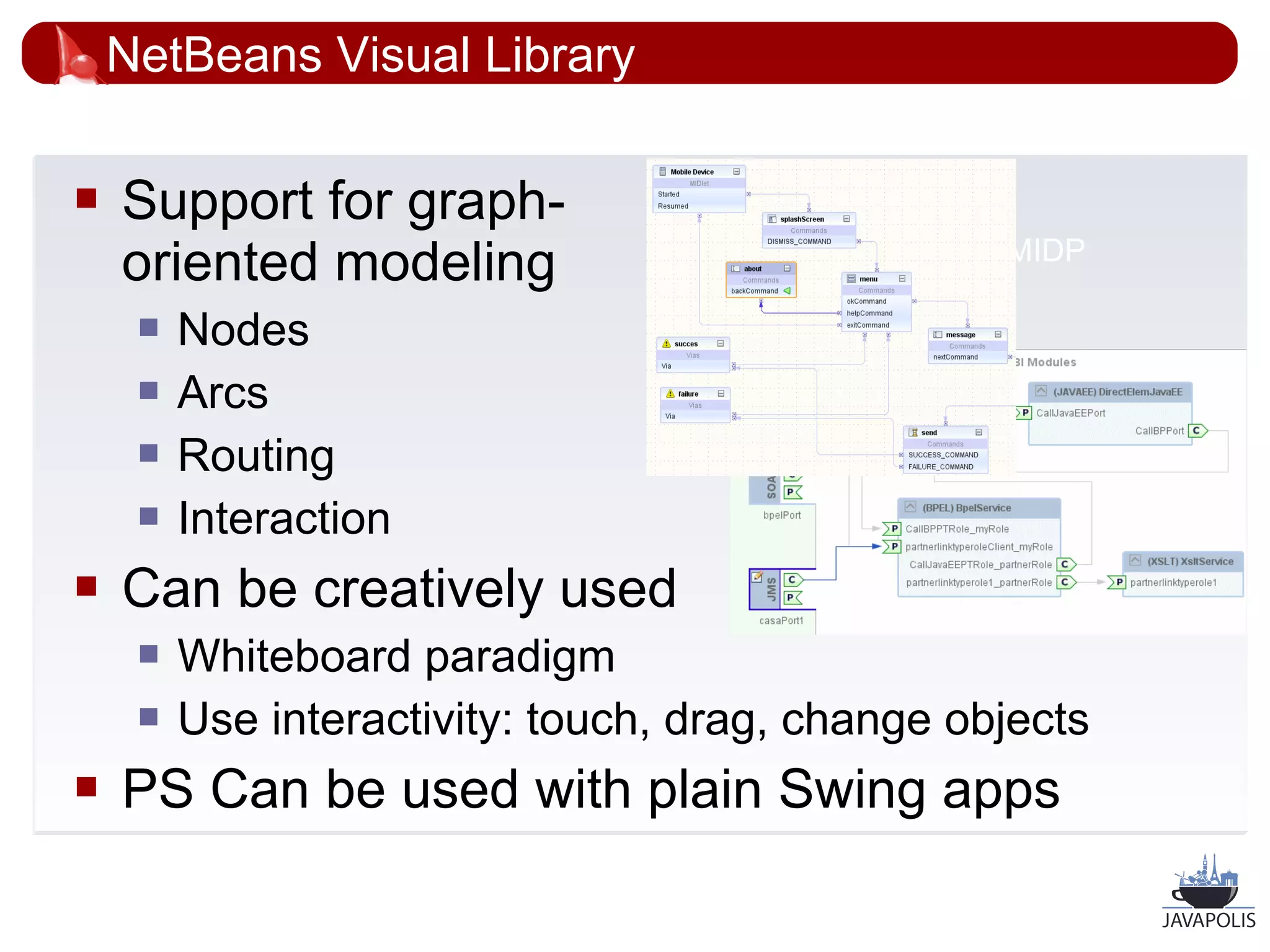 NetBeans Visual Library

   Support for graph-                 add screenshot
    oriented modeling                     from UML or MIDP
                                          designer
        Nodes
        Arcs
        Routing
        Interaction
   Can be creatively used
        Whiteboard paradigm
        Use interactivity: touch, drag, change objects
   PS Can be used with plain Swing apps

                                                             42
 