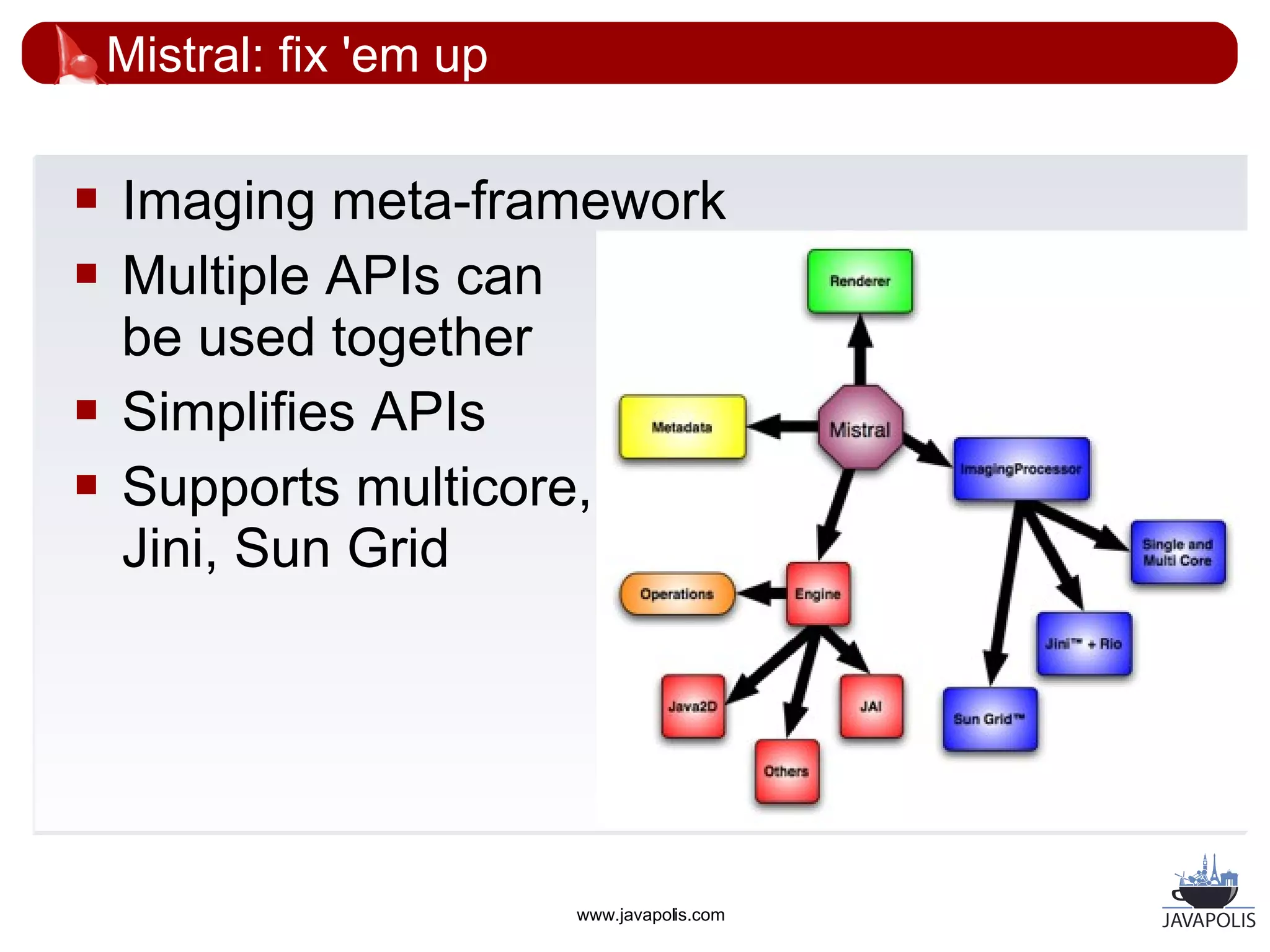 Mistral: fix 'em up

   Imaging meta-framework
   Multiple APIs can
    be used together
   Simplifies APIs
   Supports multicore,
    Jini, Sun Grid




                          www.javapolis.com
 