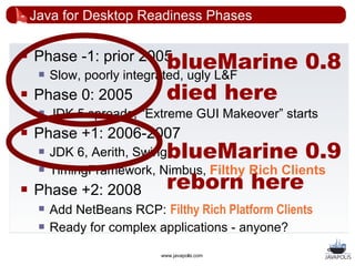 Java for Desktop Readiness Phases



     
                       blueMarine
    Phase -1: prior 2005
         Slow, poorly integrated, ugly L&F
                                                     0.8
   Phase 0: 2005             died here
        JDK 5 spreads, “Extreme GUI Makeover” starts
   Phase +1: 2006-2007
        JDK 6, Aerith, Swing blueMarine 0.9
        TimingFramework, Nimbus, Filthy Rich Clients
   Phase +2: 2008            reborn here
        Add NetBeans RCP: Filthy Rich Platform Clients
        Ready for complex applications - anyone?

                            www.javapolis.com
 