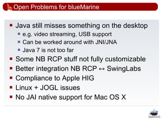 Open Problems for blueMarine

   Java still misses something on the desktop
        e.g. video streaming, USB support
        Can be worked around with JNI/JNA
        Java 7 is not too far
   Some NB RCP stuff not fully customizable
   Better integration NB RCP SwingLabs
   Compliance to Apple HIG
   Linux + JOGL issues
   No JAI native support for Mac OS X

                                                 52
 
