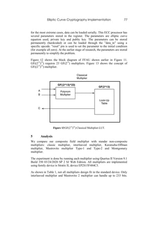 Elliptic Curve Cryptography Implementation                        77



for the most extreme cases, data can be loaded serially. This ECC processor has
several parameters stored in the register. The parameters are elliptic curve
equation used, private key and public key. The parameters can be stored
permanently (hardcoded) or can be loaded through the ”data_in” using a
specific opcode. ”reset” pin is used to set the parameter to the initial condition
(for example all zero). At the earlier stage of research, the parameters are stored
permanently to simplify the problem.

Figure 12 shows the block diagram of FFAU shown earlier in Figure 11.
GF((213)23) requires 23 GF(213) multipliers. Figure 13 shows the concept of
GF((213)23) multiplier.




                   Figure 13 GF(213)23) Classical Multiplier-LUT.


5       Analysis
We compare our composite field multiplier with standar non-composite
multipliers: classic multiplier, interleaved multiplier, Karatsuba-Offman
multiplier, Mastrovito multiplier Type-1 and Type-2 and Montgomery
multiplier.

The experiment is done by running each multiplier using Quartus II Version 9.1
Build 350 03/24/2020 SP 2 SJ Web Edition. All multipliers are implemented
using family device is Stratix II, device EP2S15F484C3.

As shown in Table 1, not all multipliers design fit in the standard device. Only
interleaved multiplier and Mastrovito 2 multiplier can handle up to 233 bits.
 