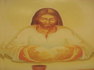 4) E o Povo não entende
a resposta de Jesus.
    E fixo nos seus
interesses materiais, insiste:
   "Senhor, dá-nos sempre
          desse pão".
- Jesus, constrangido,
esclarece:
  "EU SOU o Pão da vida…
  Quem vem a mim não terá
   mais fome e quem crer
  em mim jamais terá sede".
  Cristo, Palavra de Deus,
é o único pão do céu
que sacia plenamente
  a fome de felicidade
e de paz do homem.
 