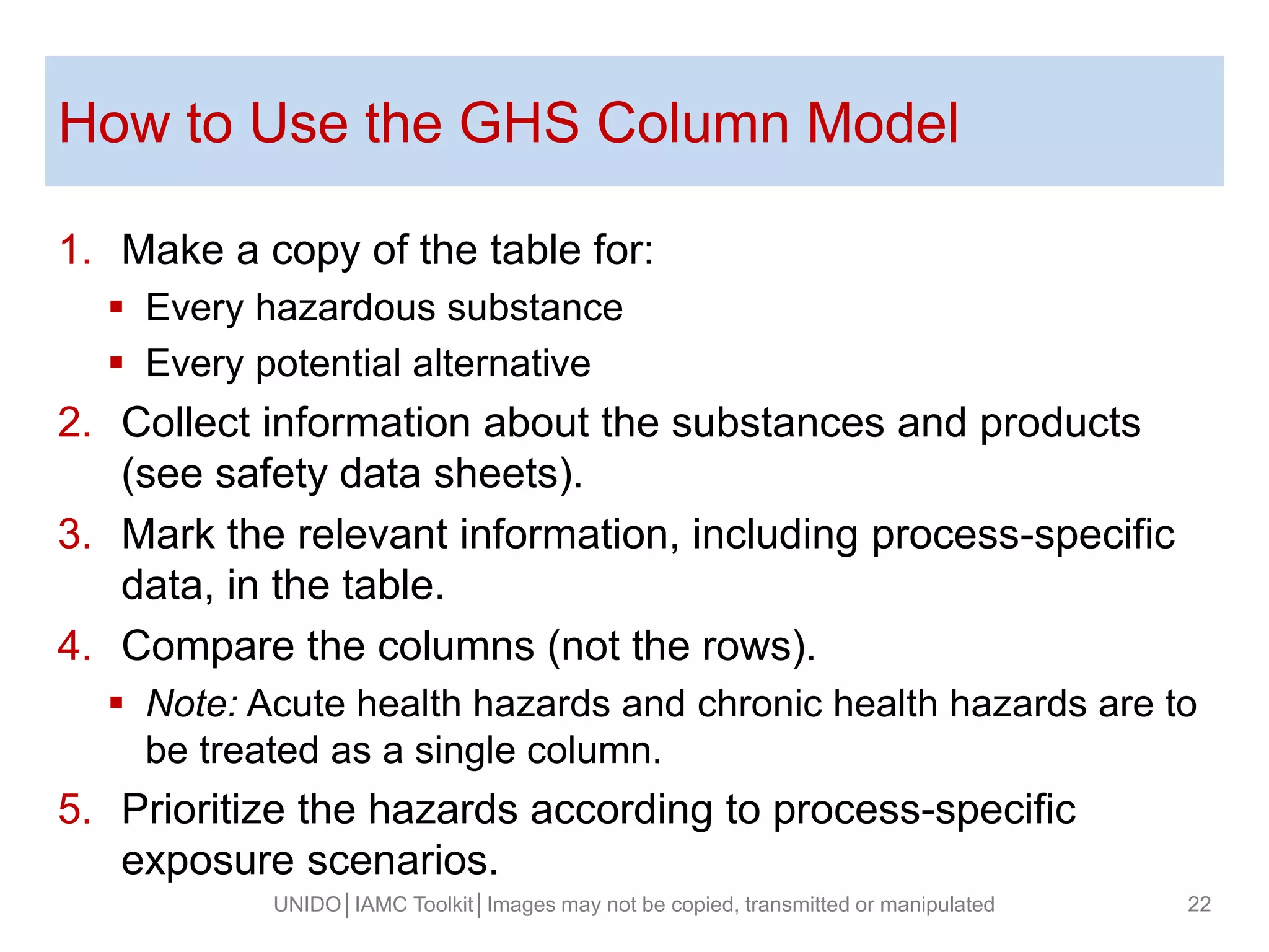 How to Use the GHS Column Model
1. Make a copy of the table for:
 Every hazardous substance
 Every potential alternative
2. Collect information about the substances and products
(see safety data sheets).
3. Mark the relevant information, including process-specific
data, in the table.
4. Compare the columns (not the rows).
 Note: Acute health hazards and chronic health hazards are to
be treated as a single column.
5. Prioritize the hazards according to process-specific
exposure scenarios.
UNIDO│IAMC Toolkit│Images may not be copied, transmitted or manipulated 22
 