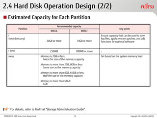 PRIMEQUEST 2000 Series Linux Design Guide
2.4 Hard Disk Operation Design (2/2)
Partition
Recommended capacity
Key points
RHEL6 RHEL7
/
(root directory)
20GB or more 10GB or more
Ensure capacity that can be used to save
log files, apply revision patches, and add
functions for optional software
/ boot 256MB 500MB or more -
swap Memory is 2GB or less:
Twice the size of the memory capacity
Memory is more than 2GB, 8GB or less:
Same size as the memory capacity
Memory is more than 8GB, 64GB or less:
Half the size of the memory capacity
Memory is more than 64GB:
4GB
Set based on the system memory load
 Estimated Capacity for Each Partition
For details, refer to Red Hat "Storage Administration Guide".
Copyright 2014 FUJITSU LIMITED19
 