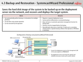 PRIMEQUEST 2000 Series Linux Design Guide
PRIMEQUEST
4.3 Backup and Restoration - SystemcastWizard Professional
Merits Demerits
• Can automatically perform backups or restorations for multiple
partitions
• Can be done using remote operation
• Can be executed by GUI operation
• Requires a separate deployment server
• Cannot perform differential or incremental backups
• Does not have an automatic generation management function for
backup data
• Partition must be stopped before the backup
• Basically backs data up on a hard disk. To back up to a secondary
memory device, separate backup software that operates on Windows
is necessary
Saves the hard disk image of the system to be backed up on the deployment
server via the network, and recovers and deploys the target system.
[Configuration of backup using SystemcastWizard Professional]
• Connect the deployment server to the management LAN
in the same segment as PRIMEQUEST
• The deployment server must have the capacity and
reliability necessary to back up the system volume
Partition#0
Internal
disk
Partition#n
MMB
External disk
Restore
Restore
Deployment server
MMB console terminal
SystemcastWizard
Professional equipped
Backup
Management LAN
Copyright 2014 FUJITSU LIMITED41
 