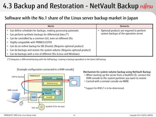 PRIMEQUEST 2000 Series Linux Design Guide
4.3 Backup and Restoration - NetVault Backup
Merits Demerits
• Can define schedules for backups, making processing automatic
• Can perform synthetic backups for differential data (*)
• Can be controlled by a common GUI, even on different OSs
• Highly compatible with PRIMECLUSTER
• Can do an online backup for DB (Oracle) (Requires optional product)
• Can do backups and restore the system volume (Requires optional product)
• Can do backups with a mix of different OSs (Linux and Windows)
• Optional products are required to perform
system backups of the operation server
Software with the No.1 share of the Linux server backup market in Japan
(*) Integrates a differential backup with the full backup, creating a backup equivalent to the latest full backup
Mechanism for system volume backup using NetVault Backup
• When starting up the server from a VaultOS CD, connect the
KVM console to the system partition you want to restore
• Control with a remote console via MMB
[Example configuration connected to a KVM console]
PRIMEQUEST
Partition#n
Partition#0
KVM
NetVault Server
VaultDR
LTOBackup
Restore
KVM console
LAN for backup
Start up
VaultOS CD for the boot
Copyright 2014 FUJITSU LIMITED
* Support for RHEL7 is to be determined.
44
 