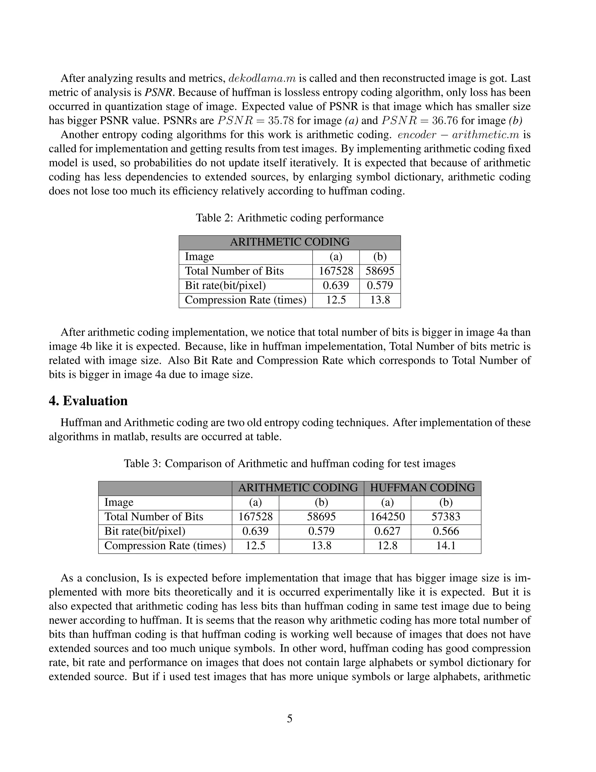 After analyzing results and metrics, dekodlama.m is called and then reconstructed image is got. Last
metric of analysis is PSNR. Because of huffman is lossless entropy coding algorithm, only loss has been
occurred in quantization stage of image. Expected value of PSNR is that image which has smaller size
has bigger PSNR value. PSNRs are PSNR = 35.78 for image (a) and PSNR = 36.76 for image (b)
Another entropy coding algorithms for this work is arithmetic coding. encoder − arithmetic.m is
called for implementation and getting results from test images. By implementing arithmetic coding ﬁxed
model is used, so probabilities do not update itself iteratively. It is expected that because of arithmetic
coding has less dependencies to extended sources, by enlarging symbol dictionary, arithmetic coding
does not lose too much its efﬁciency relatively according to huffman coding.
Table 2: Arithmetic coding performance
ARITHMETIC CODING
Image (a) (b)
Total Number of Bits 167528 58695
Bit rate(bit/pixel) 0.639 0.579
Compression Rate (times) 12.5 13.8
After arithmetic coding implementation, we notice that total number of bits is bigger in image 4a than
image 4b like it is expected. Because, like in huffman impelementation, Total Number of bits metric is
related with image size. Also Bit Rate and Compression Rate which corresponds to Total Number of
bits is bigger in image 4a due to image size.
4. Evaluation
Huffman and Arithmetic coding are two old entropy coding techniques. After implementation of these
algorithms in matlab, results are occurred at table.
Table 3: Comparison of Arithmetic and huffman coding for test images
ARITHMETIC CODING HUFFMAN COD˙ING
Image (a) (b) (a) (b)
Total Number of Bits 167528 58695 164250 57383
Bit rate(bit/pixel) 0.639 0.579 0.627 0.566
Compression Rate (times) 12.5 13.8 12.8 14.1
As a conclusion, Is is expected before implementation that image that has bigger image size is im-
plemented with more bits theoretically and it is occurred experimentally like it is expected. But it is
also expected that arithmetic coding has less bits than huffman coding in same test image due to being
newer according to huffman. It is seems that the reason why arithmetic coding has more total number of
bits than huffman coding is that huffman coding is working well because of images that does not have
extended sources and too much unique symbols. In other word, huffman coding has good compression
rate, bit rate and performance on images that does not contain large alphabets or symbol dictionary for
extended source. But if i used test images that has more unique symbols or large alphabets, arithmetic
5
 