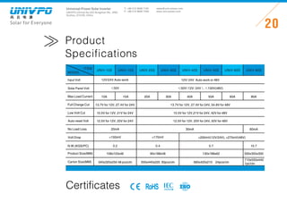 Universal-Power Solar Inverter
UNIVPO (China) No.223 Songshan Rd., SND,
Suzhou, 215100, China
Solar for Everyone
T: +86 512 6690 7181
F: +86 512 6690 7402
20
sales@univ-power.com
www.univ-power.com
MODEL
ITEM
Input Volt
Max Load Current
Full Charge Cut
Low Volt Cut
Auto-reset Volt
No Load Loss
Volt Drop
N.W.(KGS/PC)
Product Size(MM)
Solar Panel Volt
Carton Size(MM)
UNIV-20S UNIV-30S UNIV-50S UNIV-60S UNIV-80SUNIV-40SUNIV-10S UNIV-15S
12V/ 24V Auto-work or 48V12V/24V Auto-work
≤50V(12V/24V ),≤100V(48V)≤50V
30A 50A 60A 80A20A10A 15A 40A
13.7V for 12V, 27.4V for 24V
20mA
0.2
340x320x250 48 pcs/ctn
13.7V for 12V, 27.4V for 24V, 54.8V for 48V
10.5V for 12V, 21V for 24V
12.5V for 12V, 25V for 24V, 50V for 48V
30mA
0.4
90x188x48
550x440x220 30pcs/ctn
150mV
0.7
130x188x62
560x420x210 24pcs/ctn
710x550x440
1pc/ctn
60mA
10.7
500x350x300
12.5V for 12V, 25V for 24V
10.5V for 12V,21V for 24V, 42V for 48V
170mV 200mV(12V/24V), 270mV(48V)
108x103x46
Product
Specifications
Certificates RoHS
 