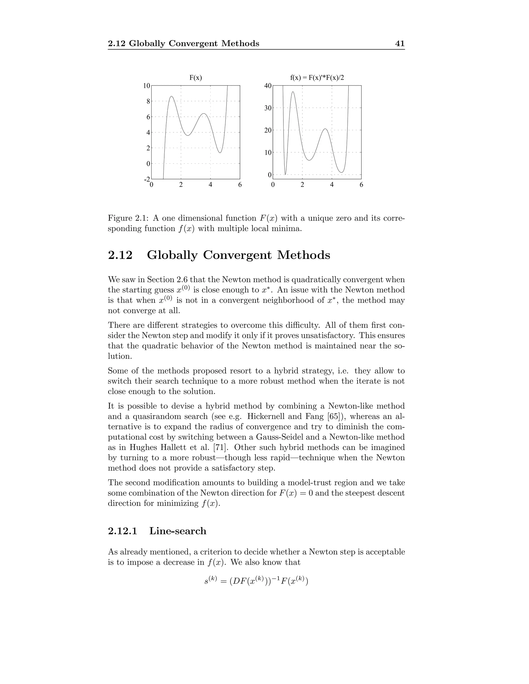 2.12 Globally Convergent Methods 41
0 2 4 6
-2
0
2
4
6
8
10
F(x)
0 2 4 6
0
10
20
30
40
f(x) = F(x)'*F(x)/2
Figure 2.1: A one dimensional function F(x) with a unique zero and its corre-
sponding function f(x) with multiple local minima.
2.12 Globally Convergent Methods
We saw in Section 2.6 that the Newton method is quadratically convergent when
the starting guess x(0)
is close enough to x∗
. An issue with the Newton method
is that when x(0)
is not in a convergent neighborhood of x∗
, the method may
not converge at all.
There are diﬀerent strategies to overcome this diﬃculty. All of them ﬁrst con-
sider the Newton step and modify it only if it proves unsatisfactory. This ensures
that the quadratic behavior of the Newton method is maintained near the so-
lution.
Some of the methods proposed resort to a hybrid strategy, i.e. they allow to
switch their search technique to a more robust method when the iterate is not
close enough to the solution.
It is possible to devise a hybrid method by combining a Newton-like method
and a quasirandom search (see e.g. Hickernell and Fang [65]), whereas an al-
ternative is to expand the radius of convergence and try to diminish the com-
putational cost by switching between a Gauss-Seidel and a Newton-like method
as in Hughes Hallett et al. [71]. Other such hybrid methods can be imagined
by turning to a more robust—though less rapid—technique when the Newton
method does not provide a satisfactory step.
The second modiﬁcation amounts to building a model-trust region and we take
some combination of the Newton direction for F(x) = 0 and the steepest descent
direction for minimizing f(x).
2.12.1 Line-search
As already mentioned, a criterion to decide whether a Newton step is acceptable
is to impose a decrease in f(x). We also know that
s(k)
= (DF(x(k)
))−1
F(x(k)
)
 