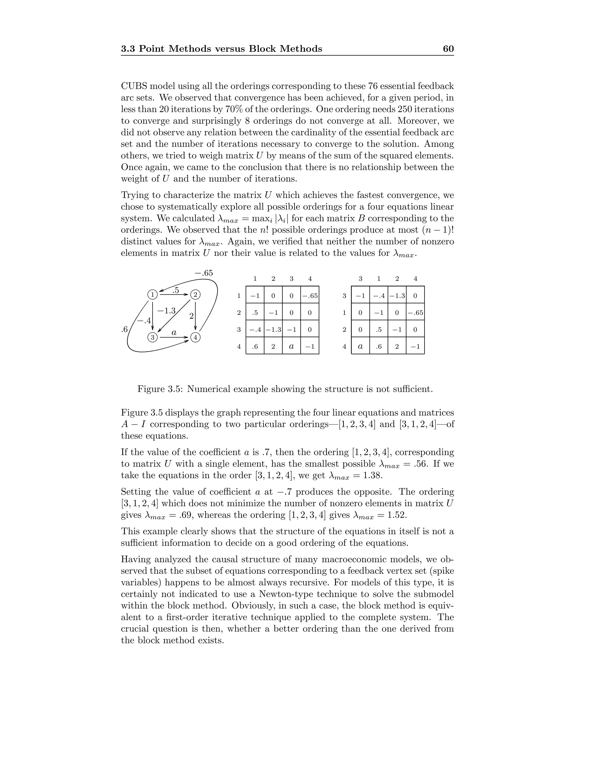 3.3 Point Methods versus Block Methods 60
CUBS model using all the orderings corresponding to these 76 essential feedback
arc sets. We observed that convergence has been achieved, for a given period, in
less than 20 iterations by 70% of the orderings. One ordering needs 250 iterations
to converge and surprisingly 8 orderings do not converge at all. Moreover, we
did not observe any relation between the cardinality of the essential feedback arc
set and the number of iterations necessary to converge to the solution. Among
others, we tried to weigh matrix U by means of the sum of the squared elements.
Once again, we came to the conclusion that there is no relationship between the
weight of U and the number of iterations.
Trying to characterize the matrix U which achieves the fastest convergence, we
chose to systematically explore all possible orderings for a four equations linear
system. We calculated λmax = maxi |λi| for each matrix B corresponding to the
orderings. We observed that the n! possible orderings produce at most (n − 1)!
distinct values for λmax. Again, we veriﬁed that neither the number of nonzero
elements in matrix U nor their value is related to the values for λmax.
i1 i2
i3 i4
................................................................................... ...........
...................................................................................
...........
.................................................................................................................................
...........
...................................................................................
...........
................................................................................... ...........
....................................................................................................................................................................................................................................................................................................................... ...........
.........................................................................................................................................................................................................................................................................................................................
a
.5
−.4
−1.3
2
.6
−.65
1 2 3 4
1 −1 0 0 −.65
2 .5 −1 0 0
3 −.4 −1.3 −1 0
4 .6 2 a −1
3 1 2 4
3 −1 −.4 −1.3 0
1 0 −1 0 −.65
2 0 .5 −1 0
4 a .6 2 −1
Figure 3.5: Numerical example showing the structure is not suﬃcient.
Figure 3.5 displays the graph representing the four linear equations and matrices
A − I corresponding to two particular orderings—[1, 2, 3, 4] and [3, 1, 2, 4]—of
these equations.
If the value of the coeﬃcient a is .7, then the ordering [1, 2, 3, 4], corresponding
to matrix U with a single element, has the smallest possible λmax = .56. If we
take the equations in the order [3, 1, 2, 4], we get λmax = 1.38.
Setting the value of coeﬃcient a at −.7 produces the opposite. The ordering
[3, 1, 2, 4] which does not minimize the number of nonzero elements in matrix U
gives λmax = .69, whereas the ordering [1, 2, 3, 4] gives λmax = 1.52.
This example clearly shows that the structure of the equations in itself is not a
suﬃcient information to decide on a good ordering of the equations.
Having analyzed the causal structure of many macroeconomic models, we ob-
served that the subset of equations corresponding to a feedback vertex set (spike
variables) happens to be almost always recursive. For models of this type, it is
certainly not indicated to use a Newton-type technique to solve the submodel
within the block method. Obviously, in such a case, the block method is equiv-
alent to a ﬁrst-order iterative technique applied to the complete system. The
crucial question is then, whether a better ordering than the one derived from
the block method exists.
 