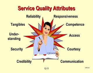 Service Quality Attributes OPM 533 12- Under- standing Tangibles Reliability Communication Credibility Security Responsiveness Competence Courtesy Access © 1995 Corel Corp. 