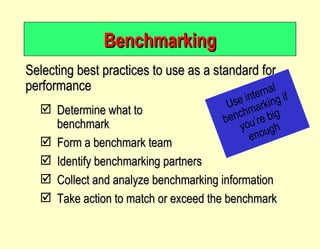 Benchmarking Use internal benchmarking if you’re big enough Selecting best practices to use as a standard for performance Determine what to  benchmark Form a benchmark team Identify benchmarking partners Collect and analyze benchmarking information Take action to match or exceed the benchmark 