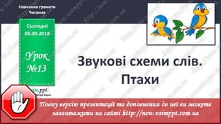 Урок 13 для 1 класу - Читання - Звукові схеми слів. Птахи.